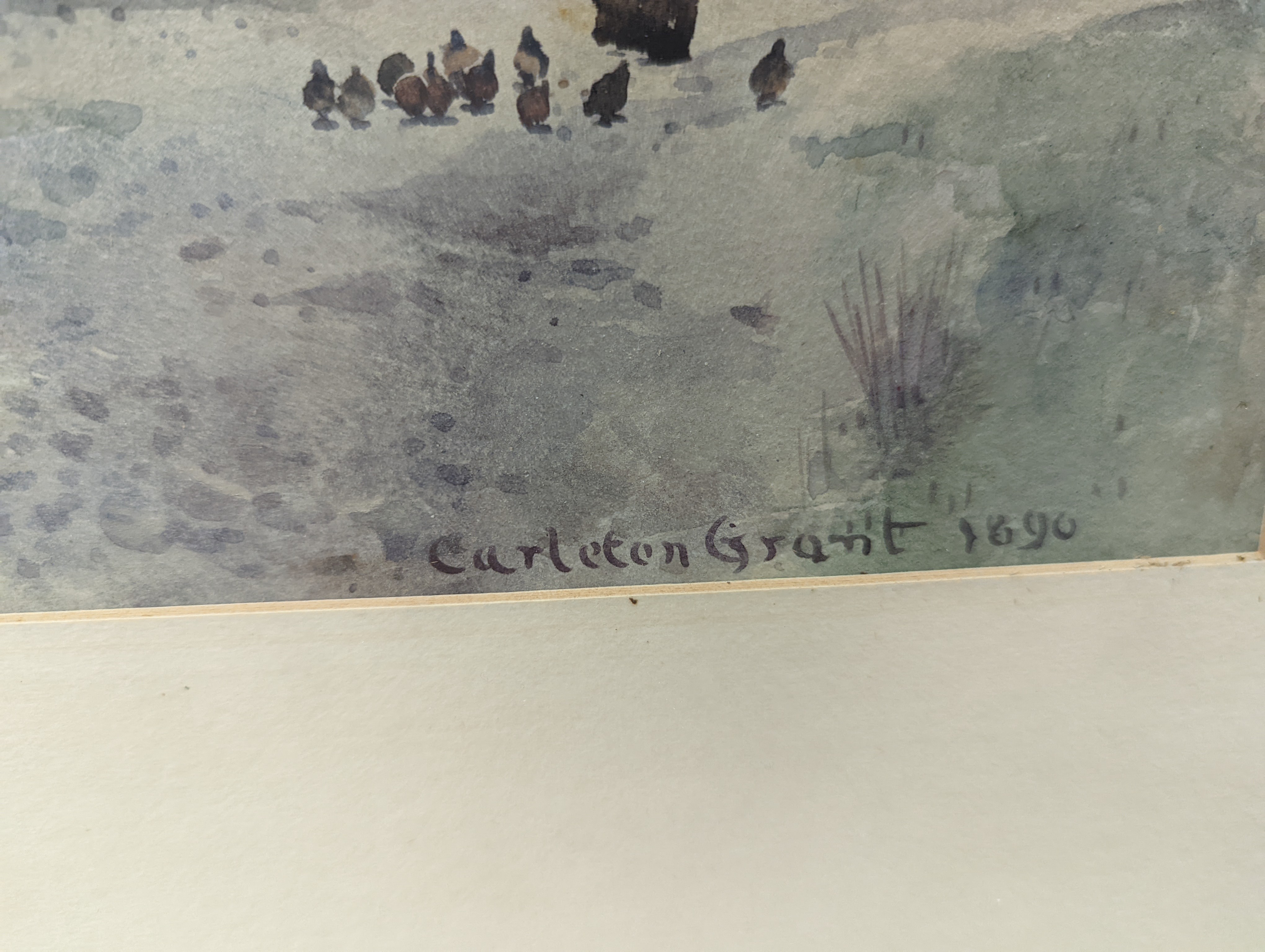 Carleton Grant, watercolour, Coastal scene with woman feeding chickens beside a cottage, signed and dated 1890, 18 x 37cm